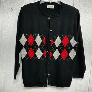 Alfred Dunner Argyle Sweater Cardigan Sz L Black Red Gray Buttons Knit  New USA
